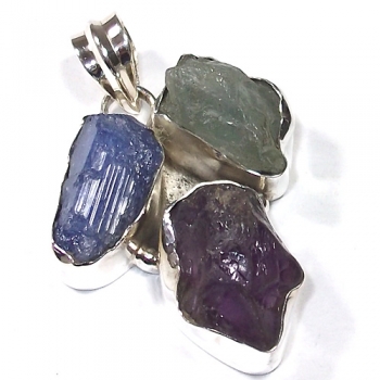 Three stone raw stone silver pendant 
